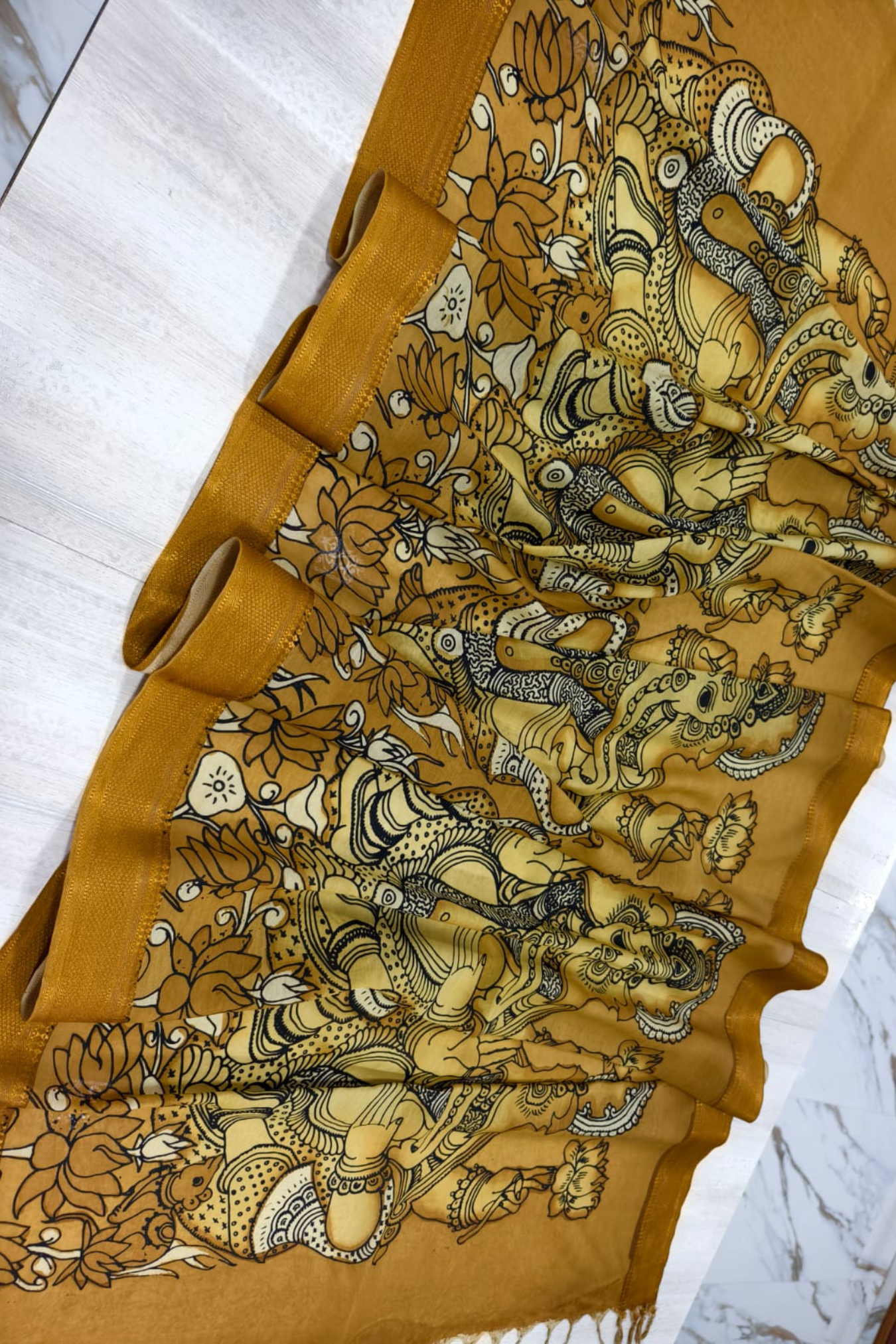 Golden Yellow Design Bangalore Silk Story Pen Kalamkari Dupatta -041