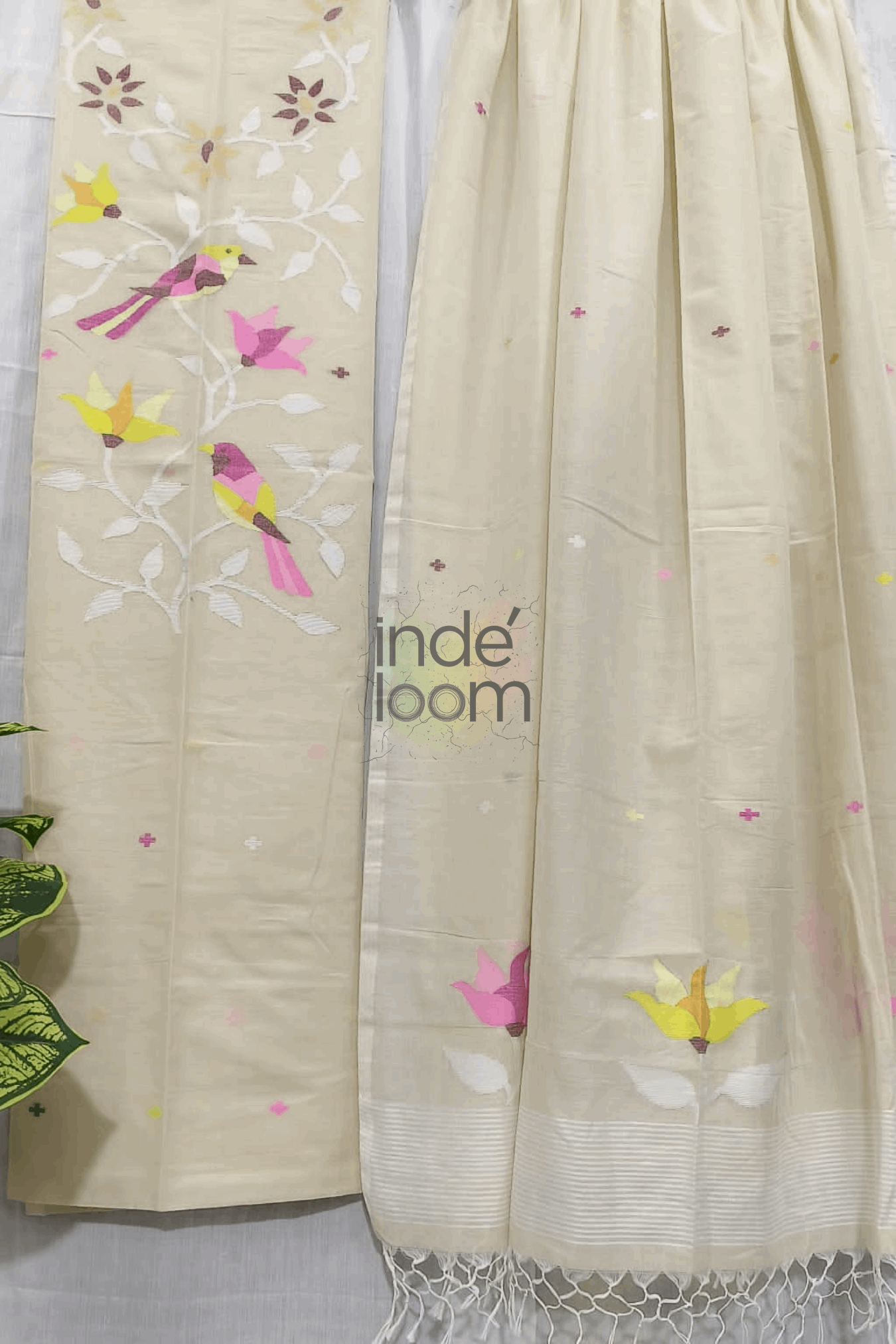 Cotton Jamdani 2 Piece Set Kurti & Dupatta With Linen White -240