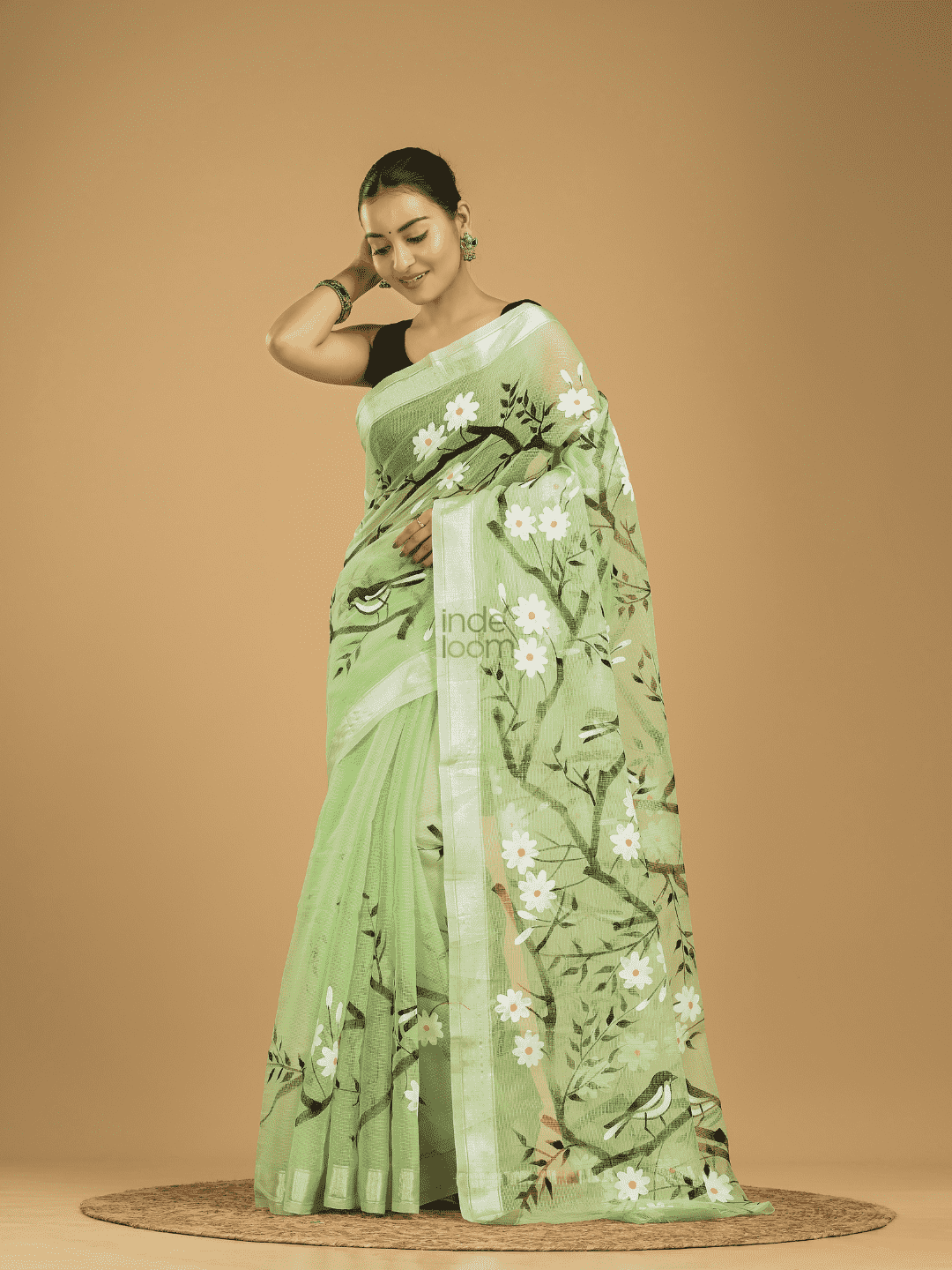 Kota Doria Handpainted  Saree With Mint Green - 001