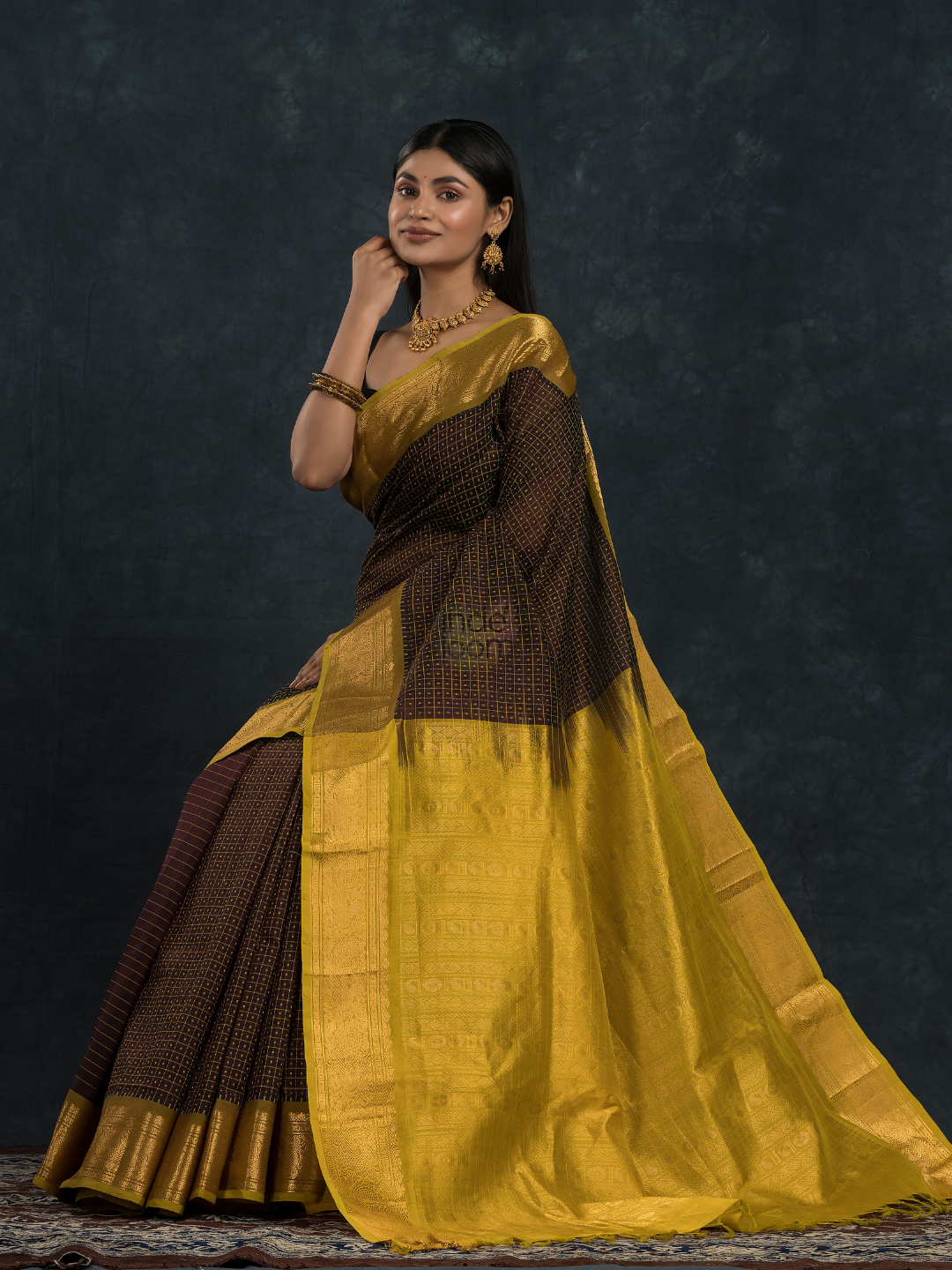 Korvai Saree Lakshadeepam black with olive green border and yellow Border - 134