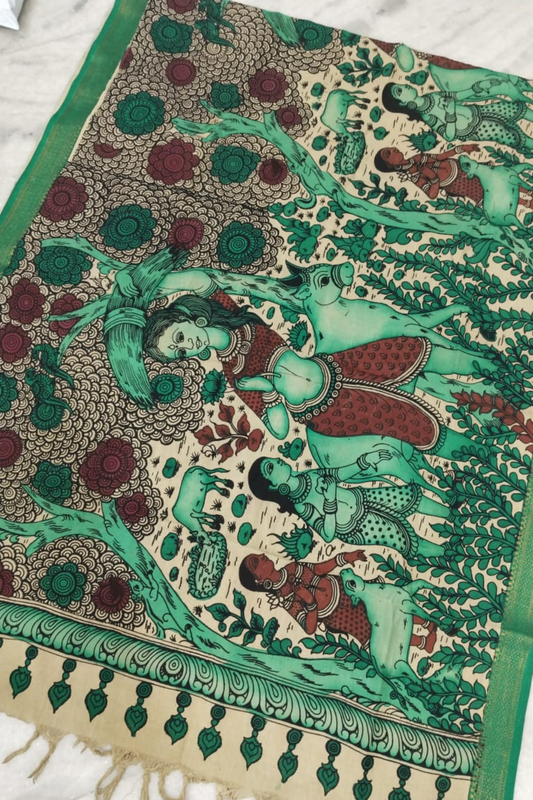 Lawn Green Design Cotton  Story Theme Pen Kalamkari Dupatta -031