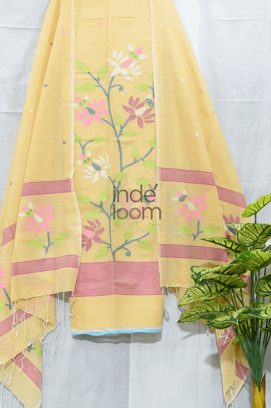 Cotton  Jamdani 2 Piece Set Kurti & Dupatta with Pastle Yellow - 188