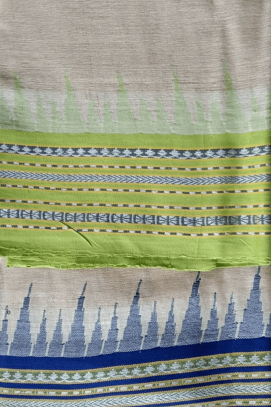 Beige & Lime Green, Handloom Vidarbha Tussar Silk Saree with Multicolor Contrast Border-033