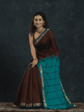 Pure Handloom Korvai Silk Cotton Saree in Rich Chocolate Brown and Aqua Blue Borders - 141