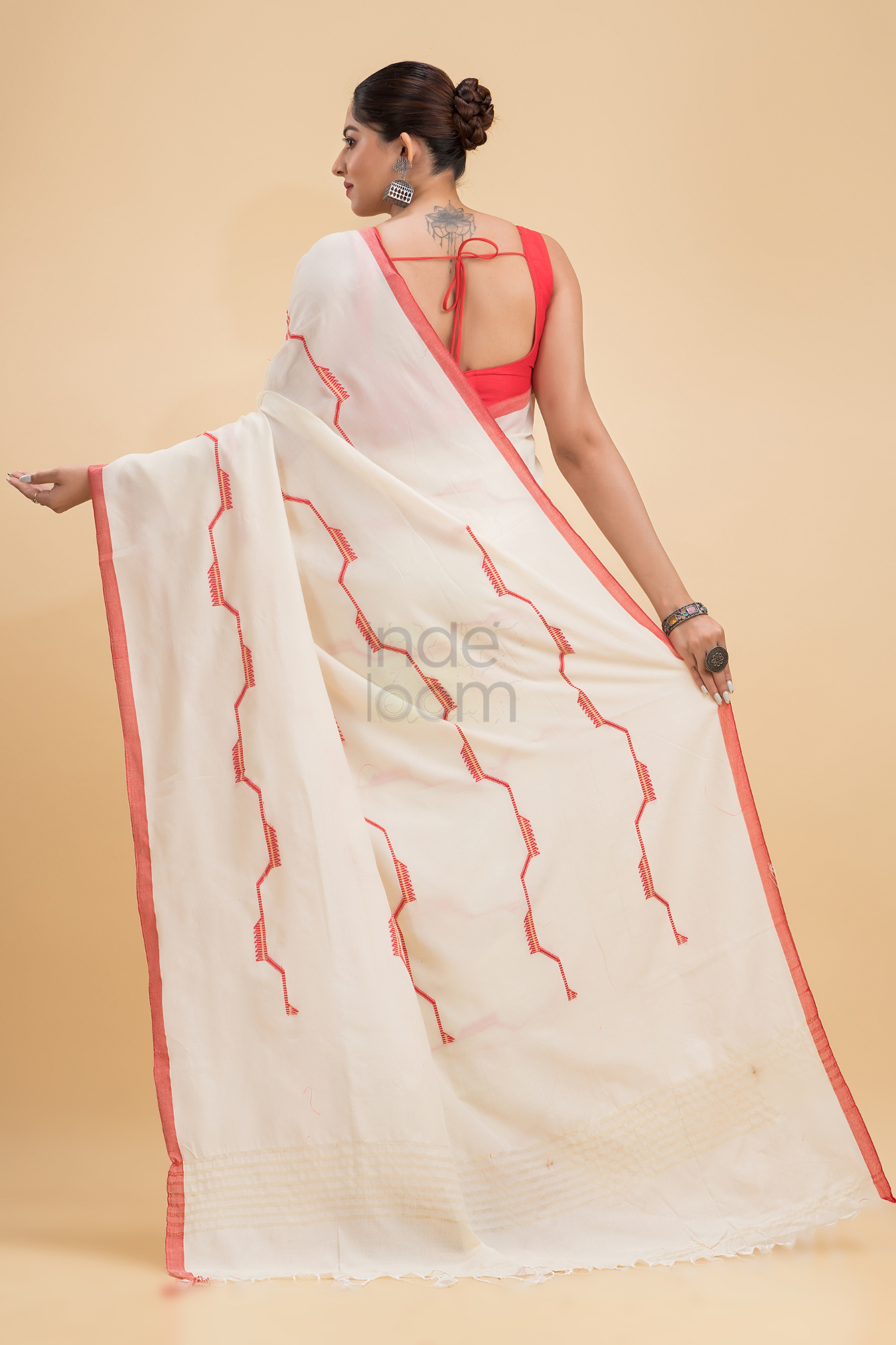 Durga Puja Saree Handloom Cotton in Red White- 001