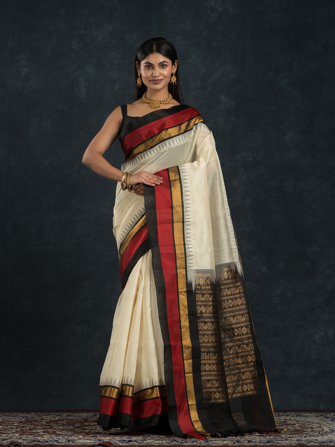 Korvai Saree with Temple border Pearl White and Red Black Border - 124