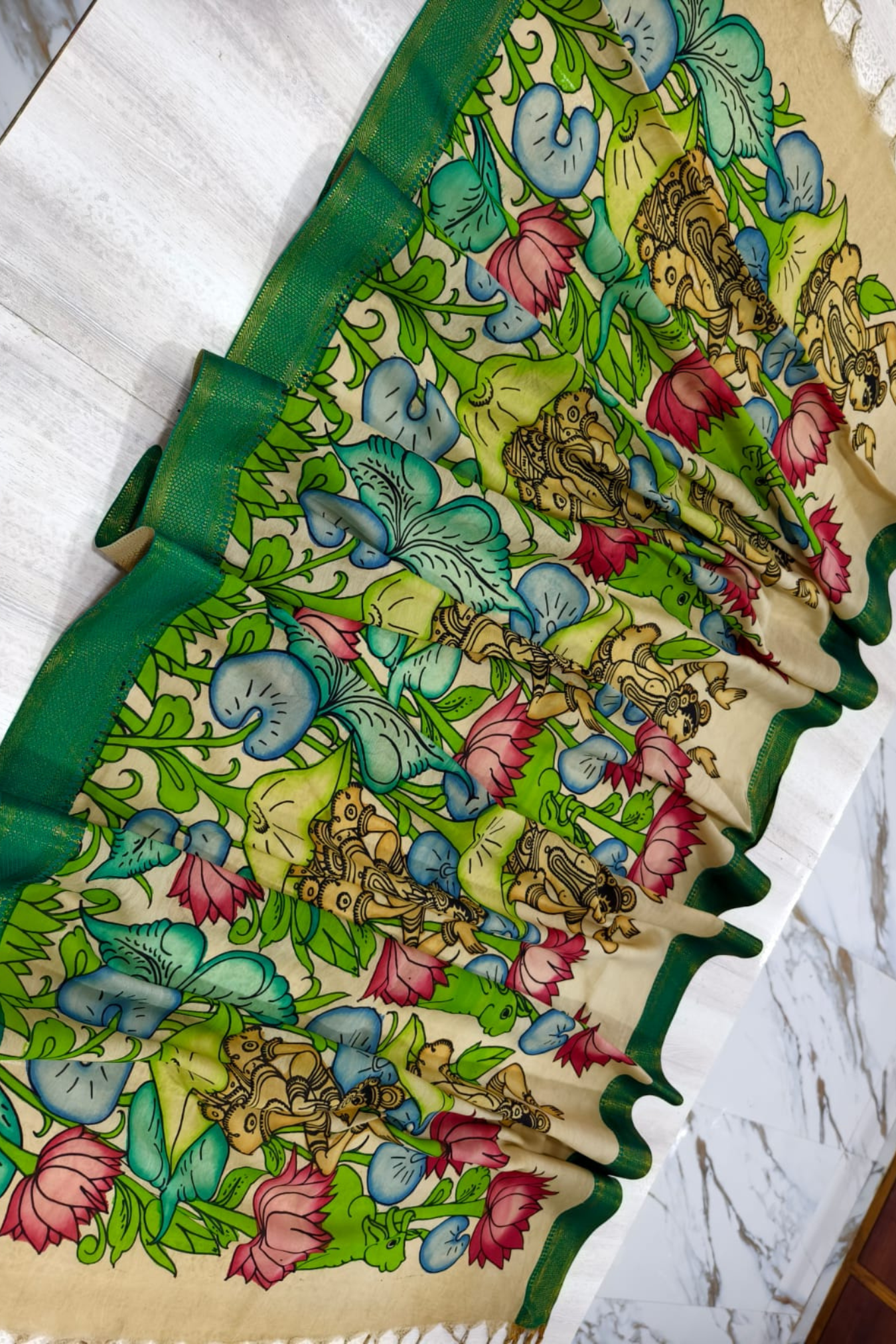 Pale Brown  Design and Green Border Bangalore silk Kalamkari Dupatta  -002