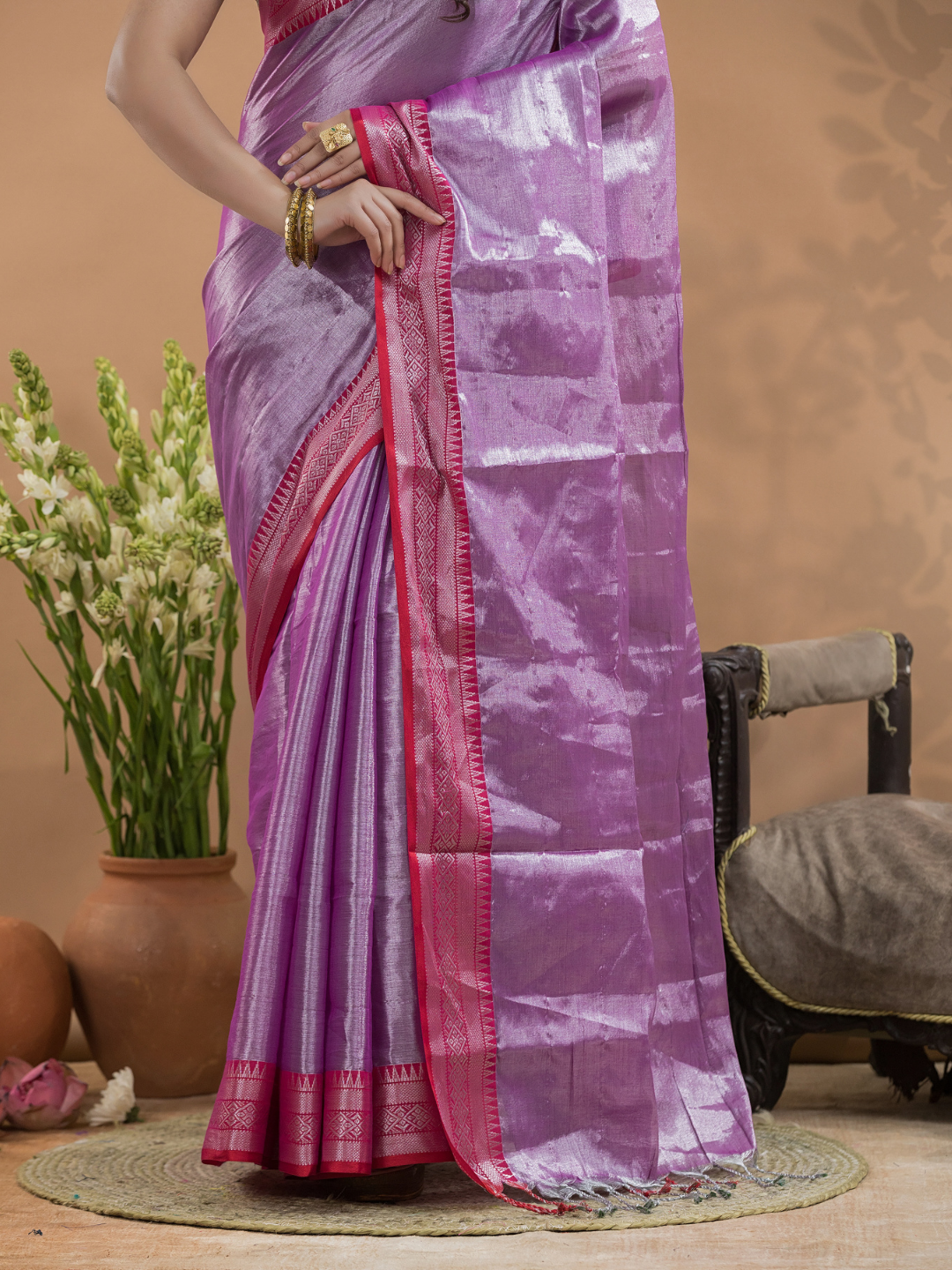 Shaded Golden Pink Tissue Silk Saree-034