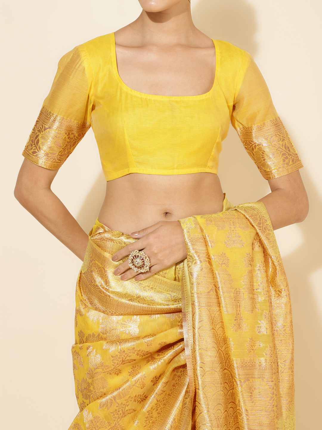 Chanderi Silk Floral Saree In Golden Yellow (Precision Looms) - 010