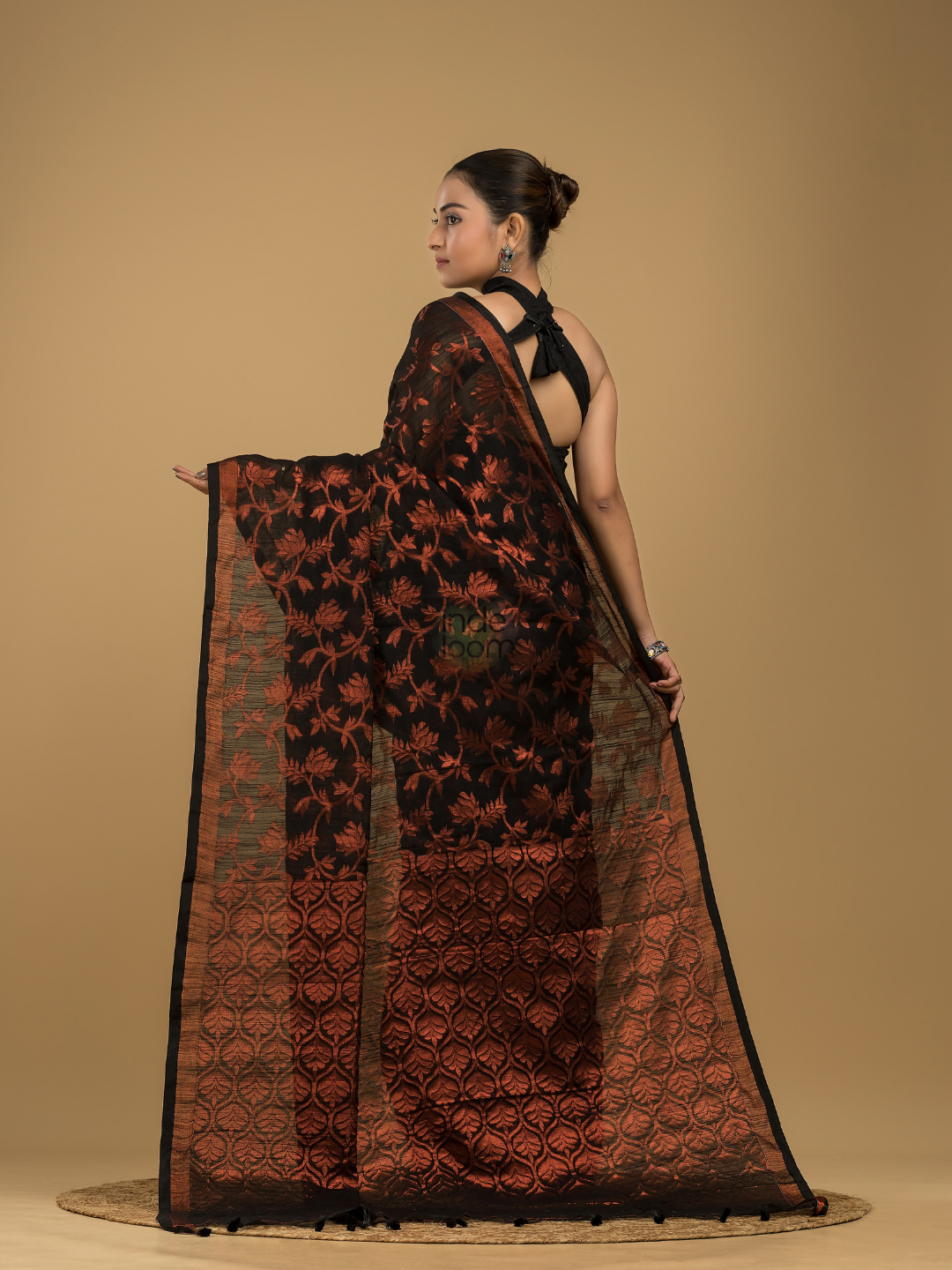 Ink Black Linen X Silk  Jamdani Saree  - 005