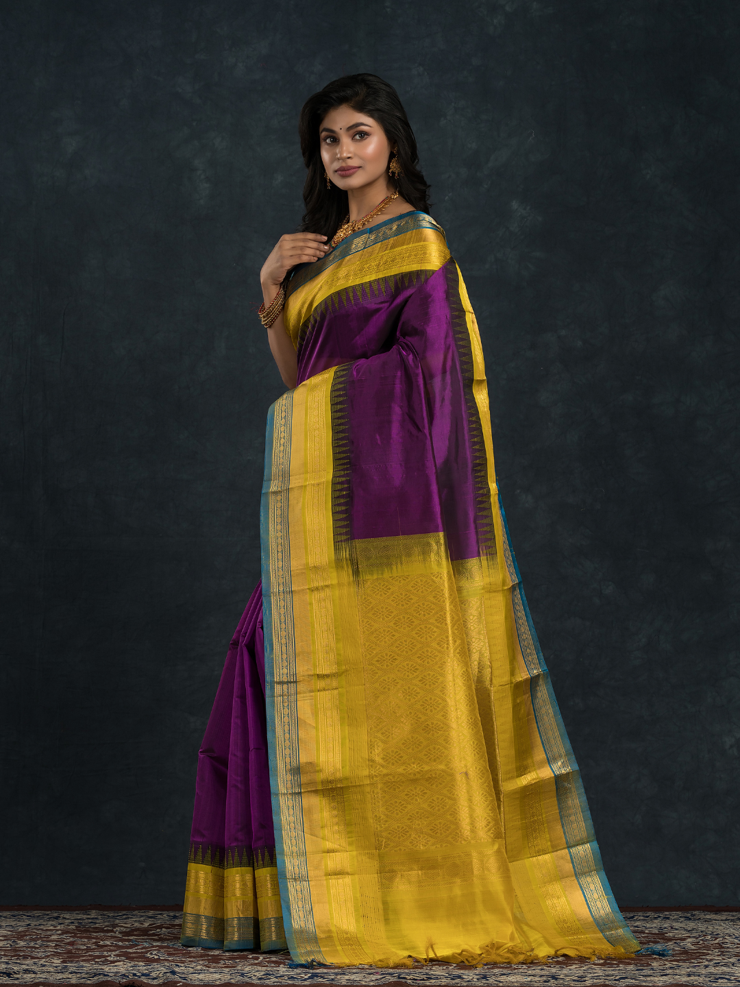 Korvai Saree with Temple border Royal Purple and Blue yellow Border - 162