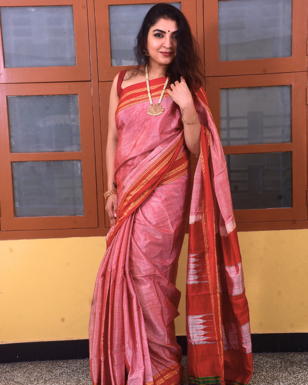 Pure Ilkal Silk Saree in Pink with Red and Yellow border - 041