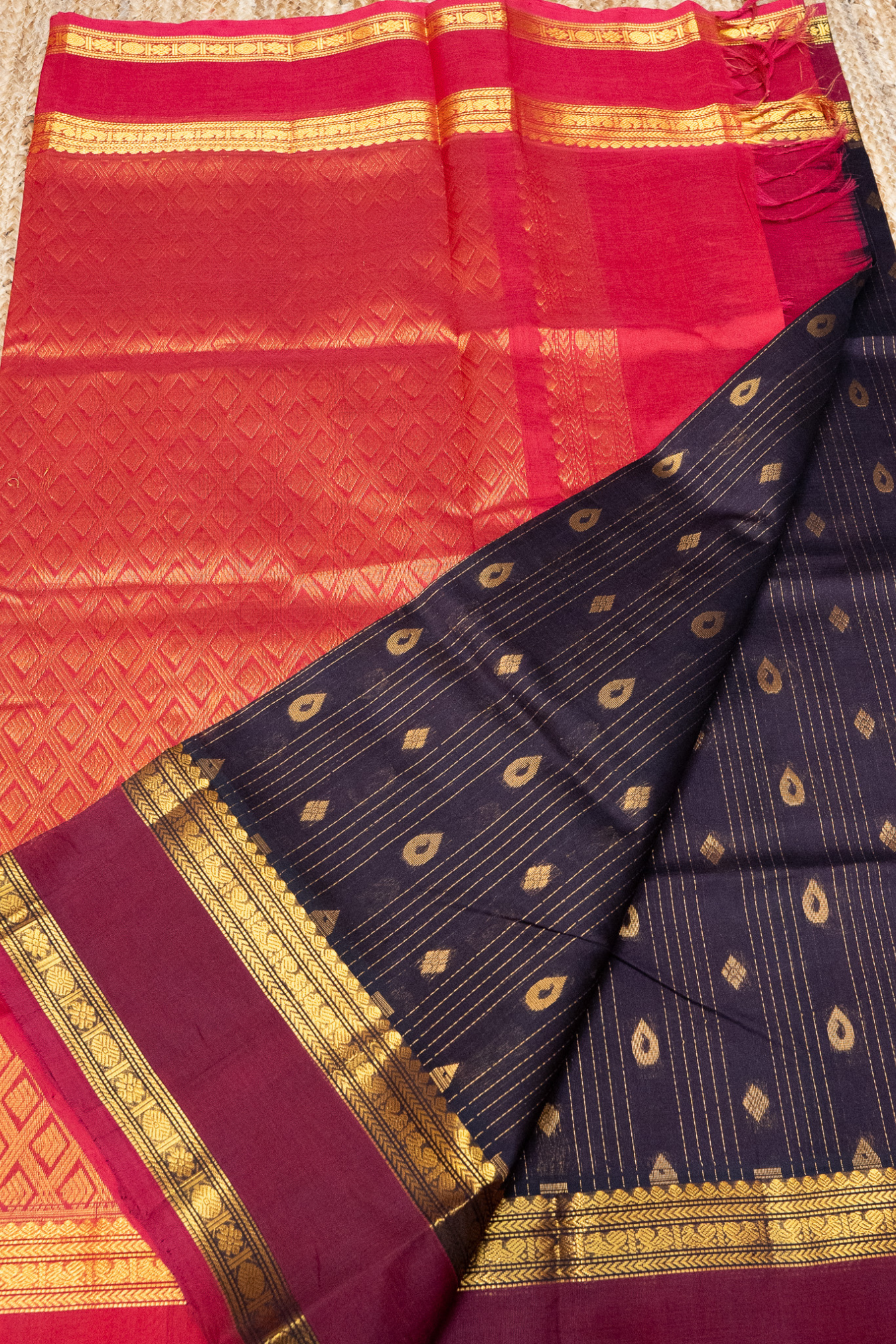 Coal Black Red Border Korvai Saree -159