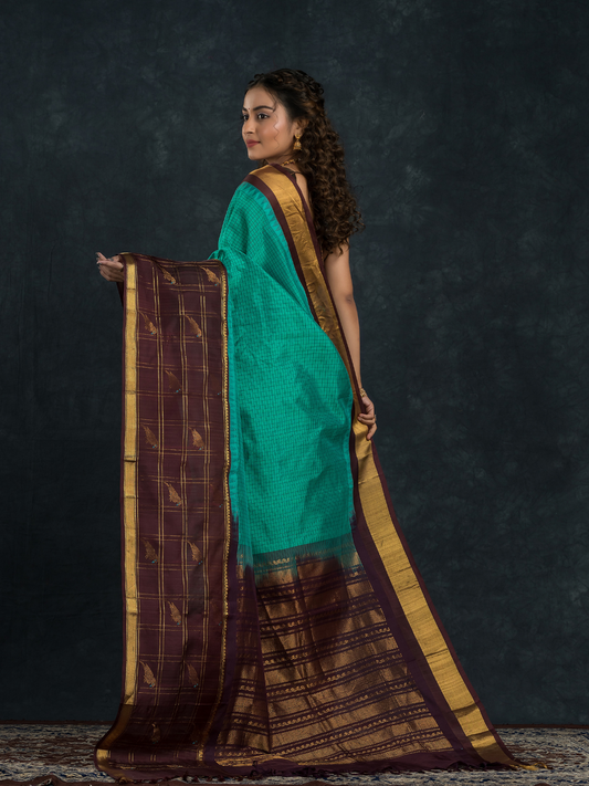 Pure handloom Korvai Saree Mint Green and Black Border - 140