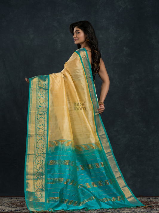 Korvai Saree Light Yellow and Blue Border - 111