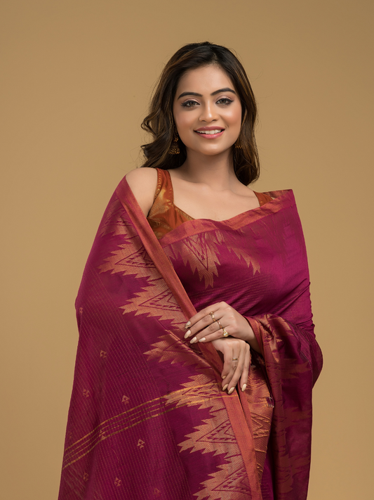 Rose Red Cotton Silk Jamdani Saree - 024