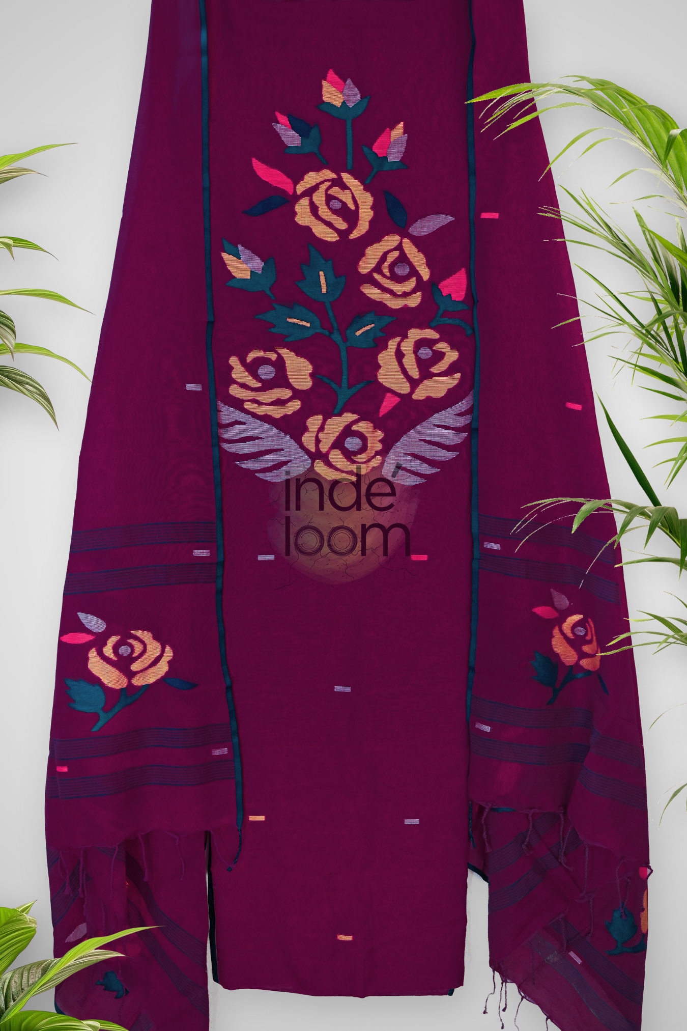 Cotton Jamdani 2 Piece Set Kurti & Dupatta with Wine Purple -378