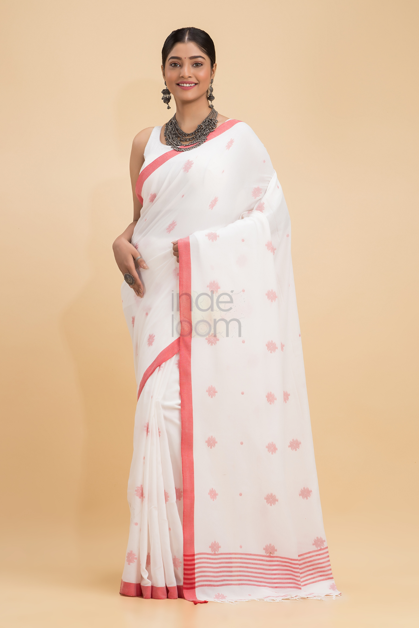 Dewali Saree Handloom Cotton White , Red Dots and  Border-005