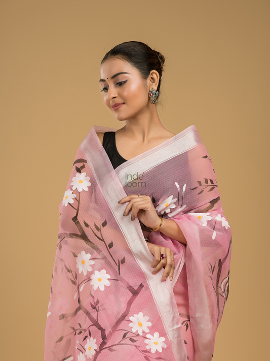 Kota Doria Handpainted Saree With Baby Pink - 005