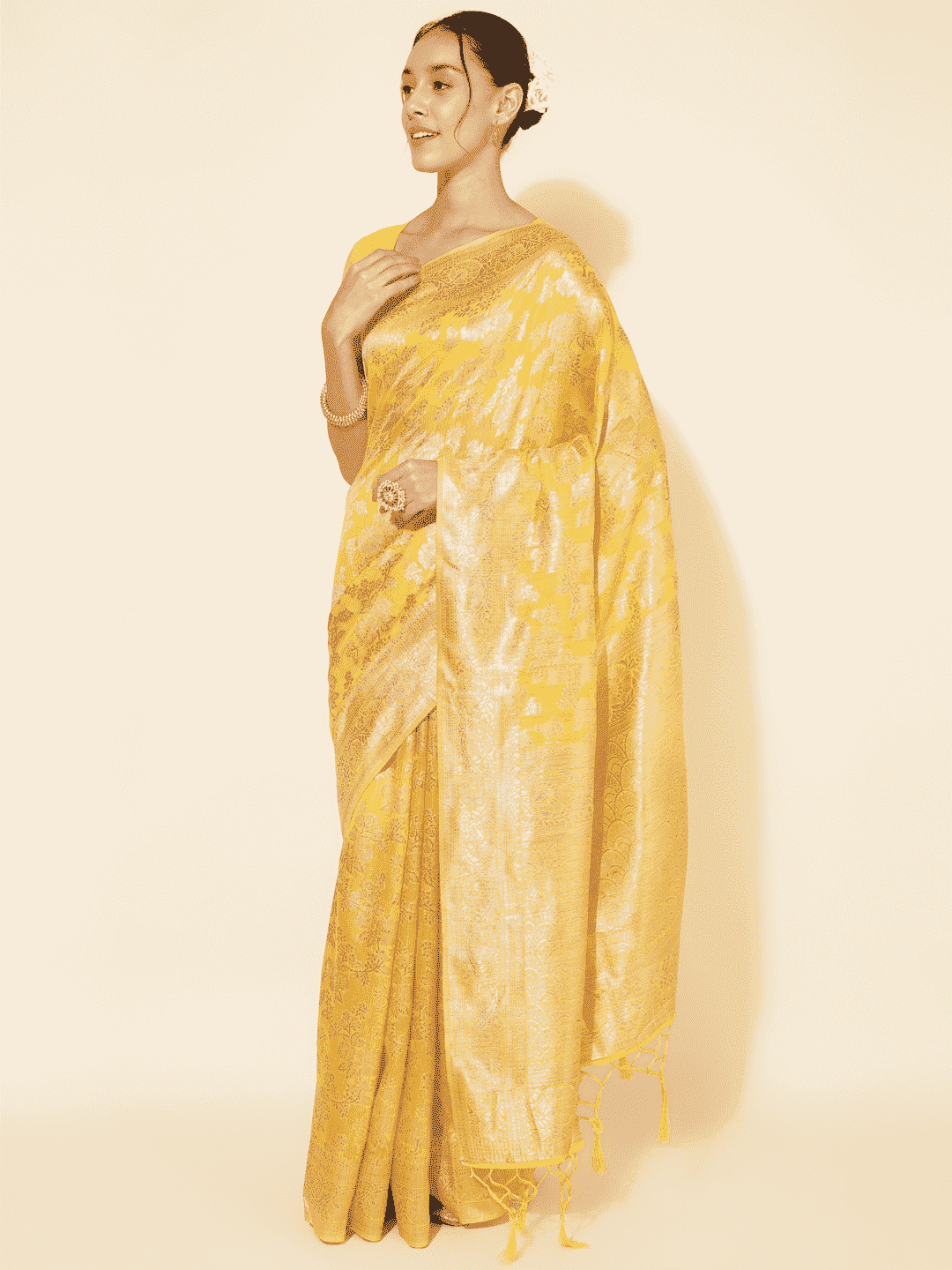 Chanderi Silk Floral Saree In Golden Yellow (Precision Looms) - 010