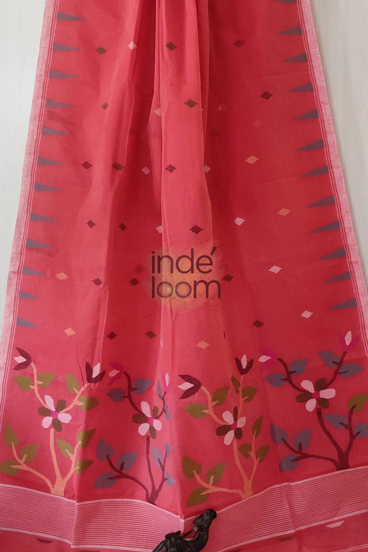 Floral Ruby Pink Bengal Pure Cotton Jamdani Saree-012