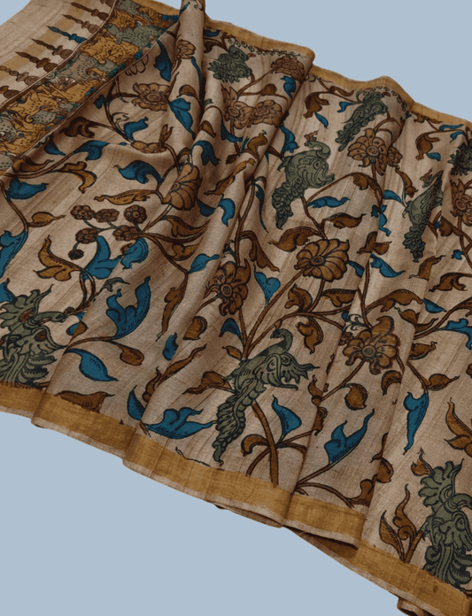 Pen Kalamkari Tussar Silk Dupatta in Pale Brown -040