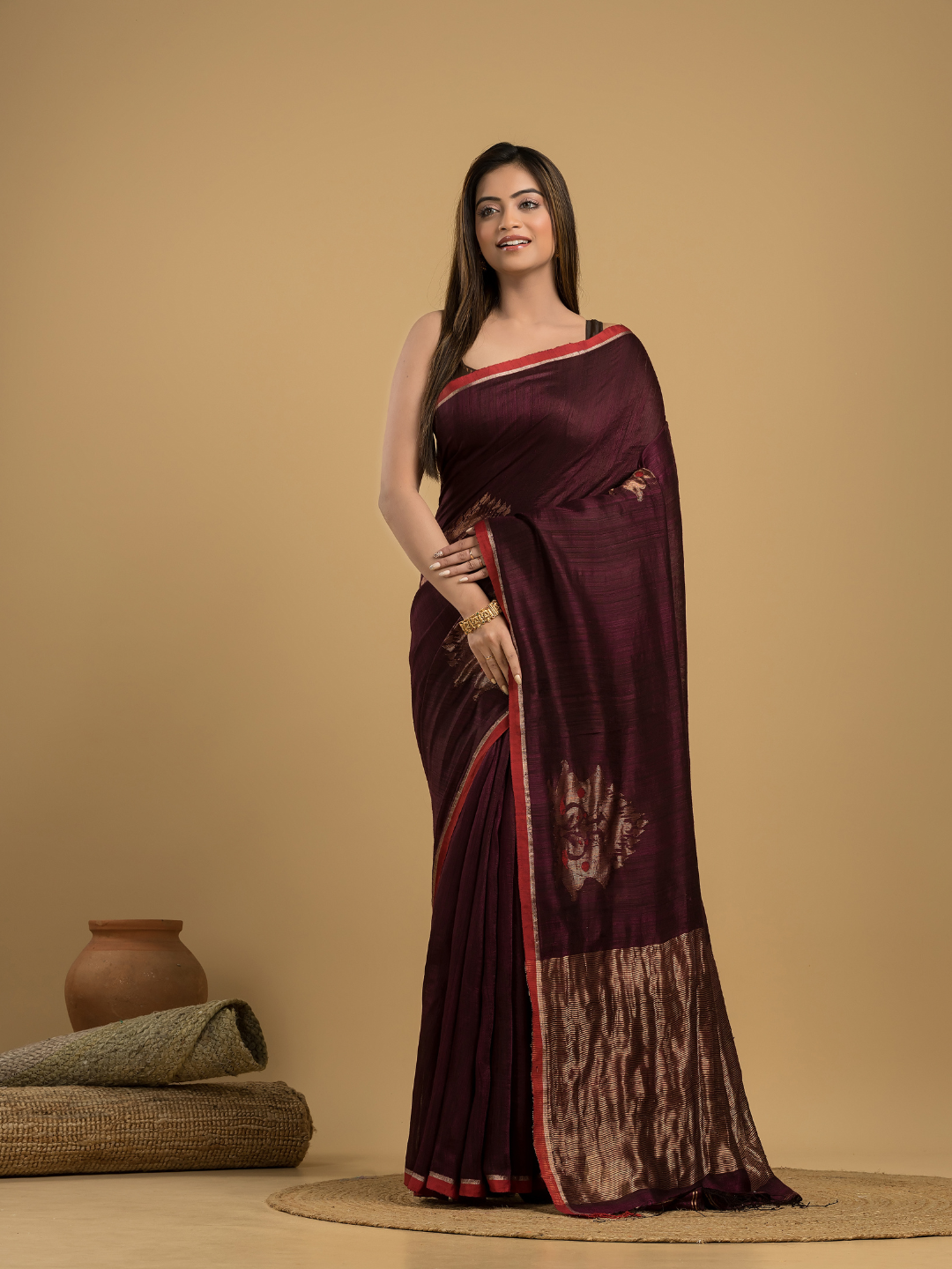 Wine Red Matka SilkJamdani Saree - 040