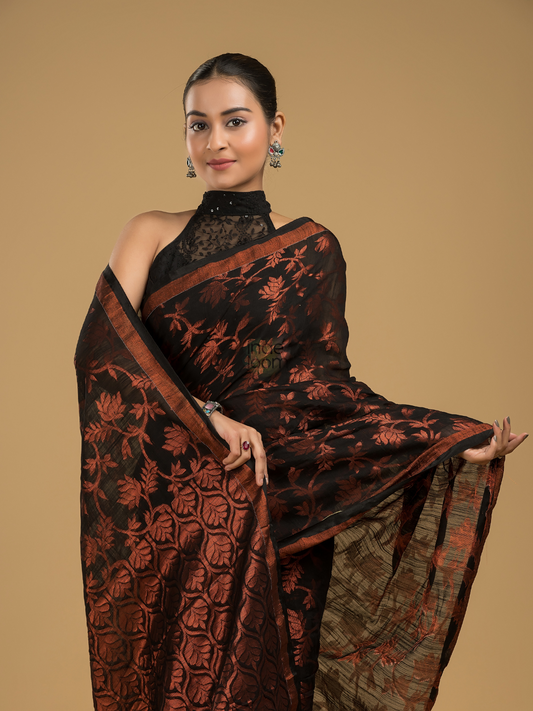 Ink Black Linen X Silk  Jamdani Saree  - 005