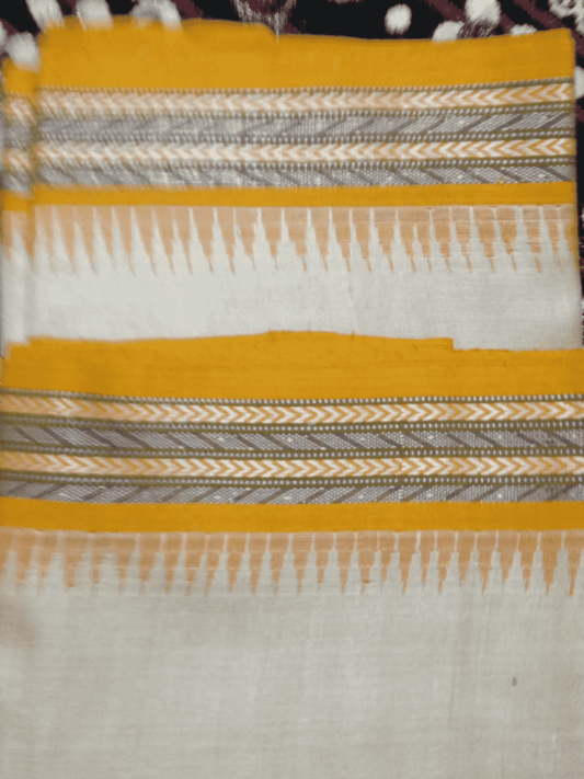 Beige & Golden Yellow , Handloom Vidarbha Tussar Silk Saree with Multicolor Contrast Border-011 - indeloom