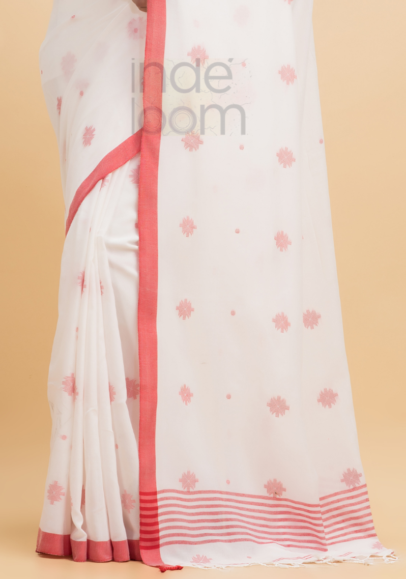 Dewali Saree Handloom Cotton White , Red Dots and  Border-005