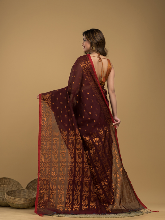 Jamdani Saree With Red Brown - 005