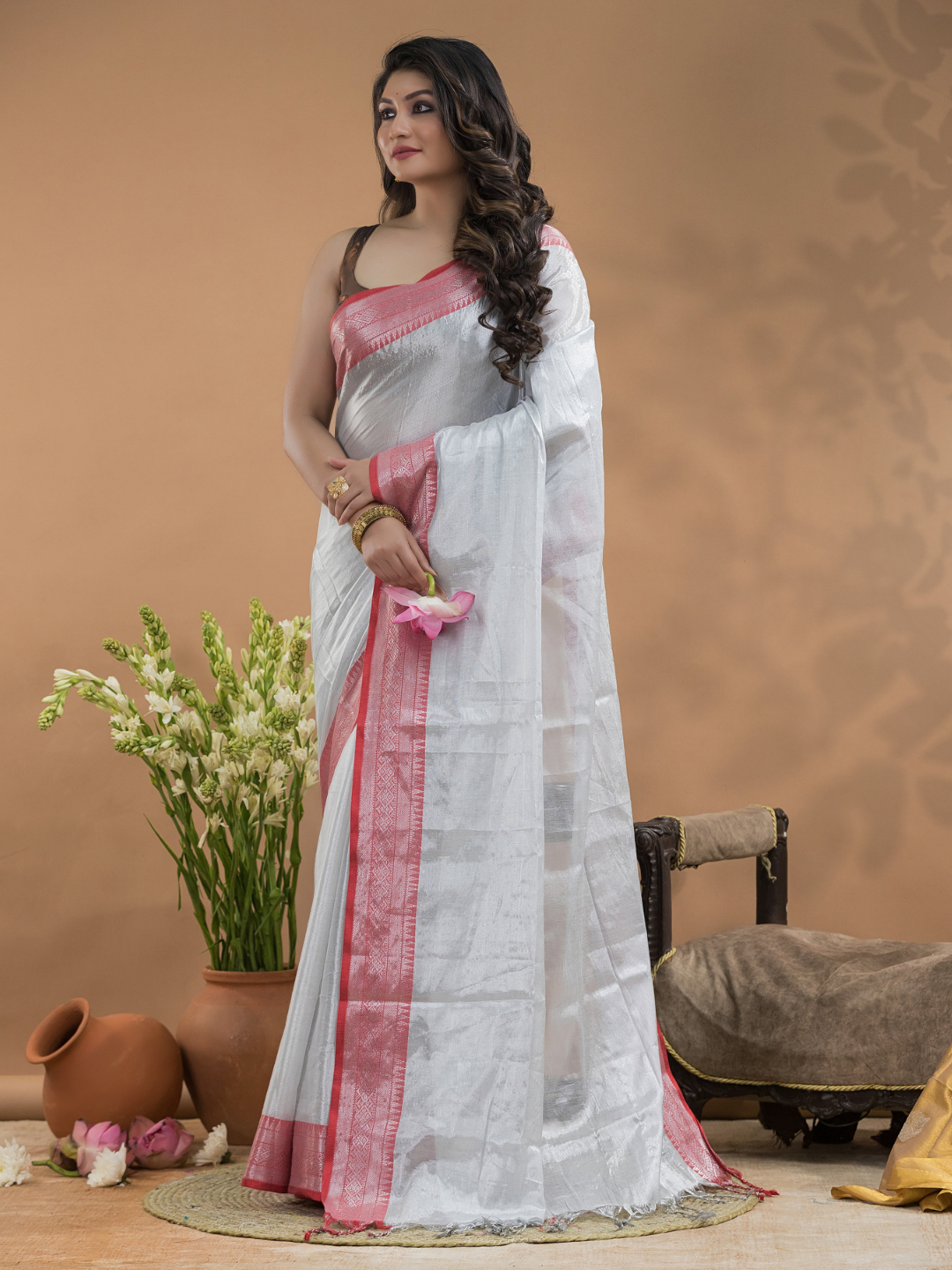 Bone White  Tissue Silk Saree-033