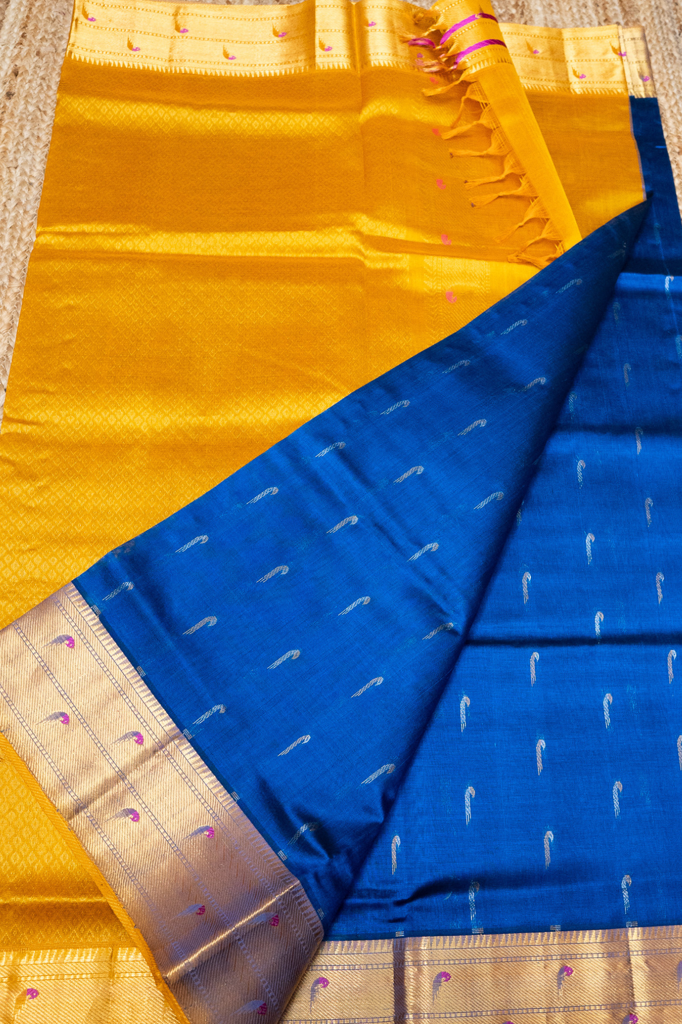 Indigo Blue Yellow Border Paithani design Korvai Saree -160