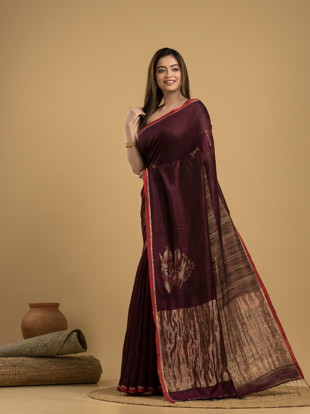 Wine Red Matka SilkJamdani Saree - 040