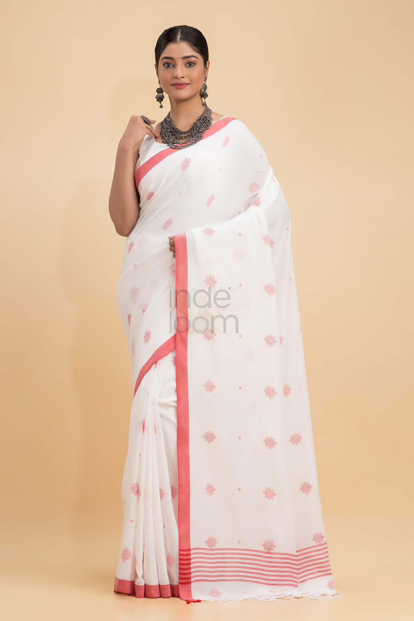 Dewali Saree Handloom Cotton White , Red Dots and  Border-005