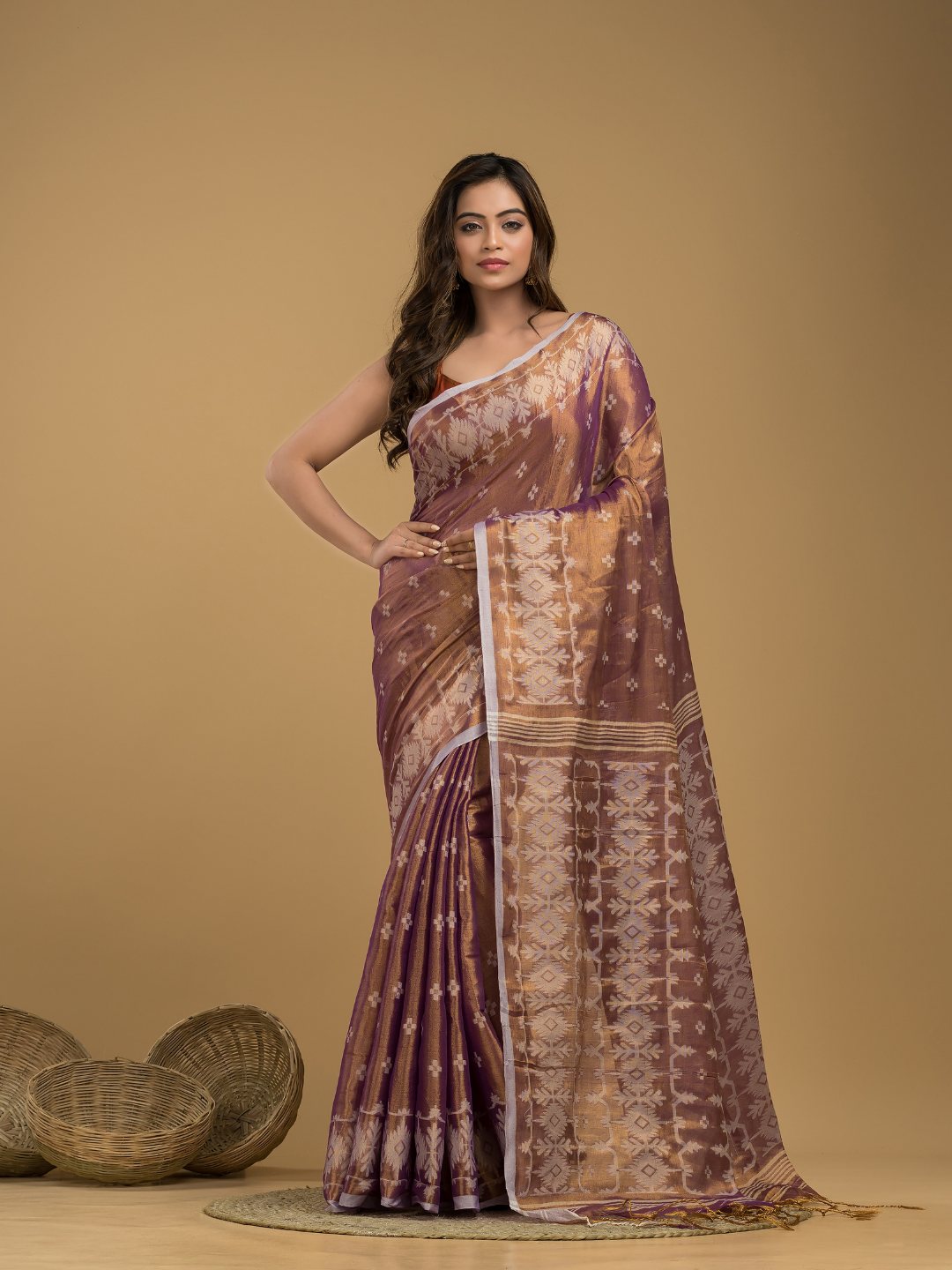 Crepe Pink Tissue Silk Jamdani Saree - 025