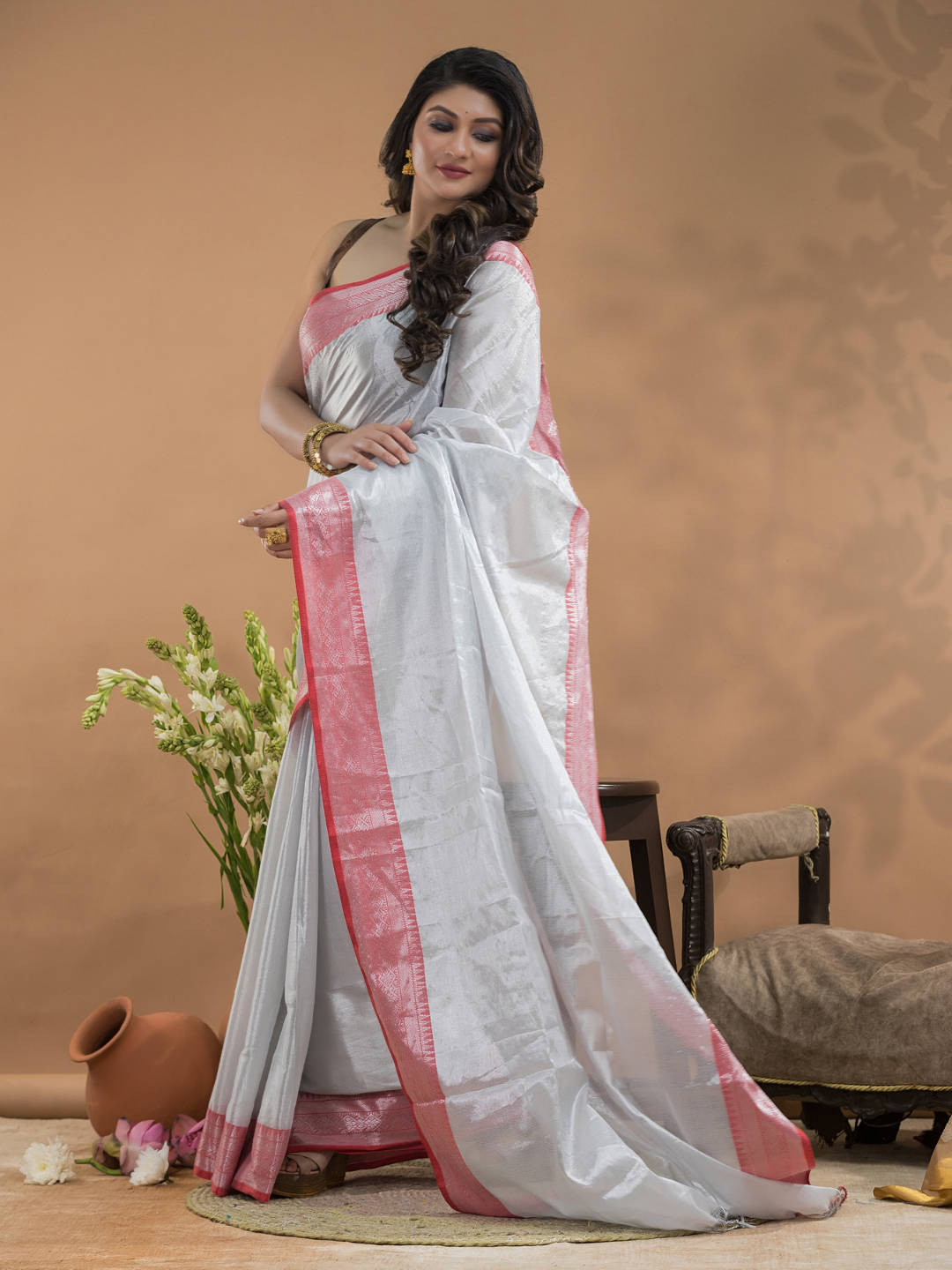 Bone White  Tissue Silk Saree-033