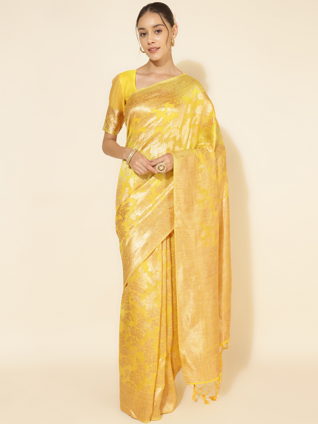 Chanderi Silk Floral Saree In Golden Yellow (Precision Looms) - 010