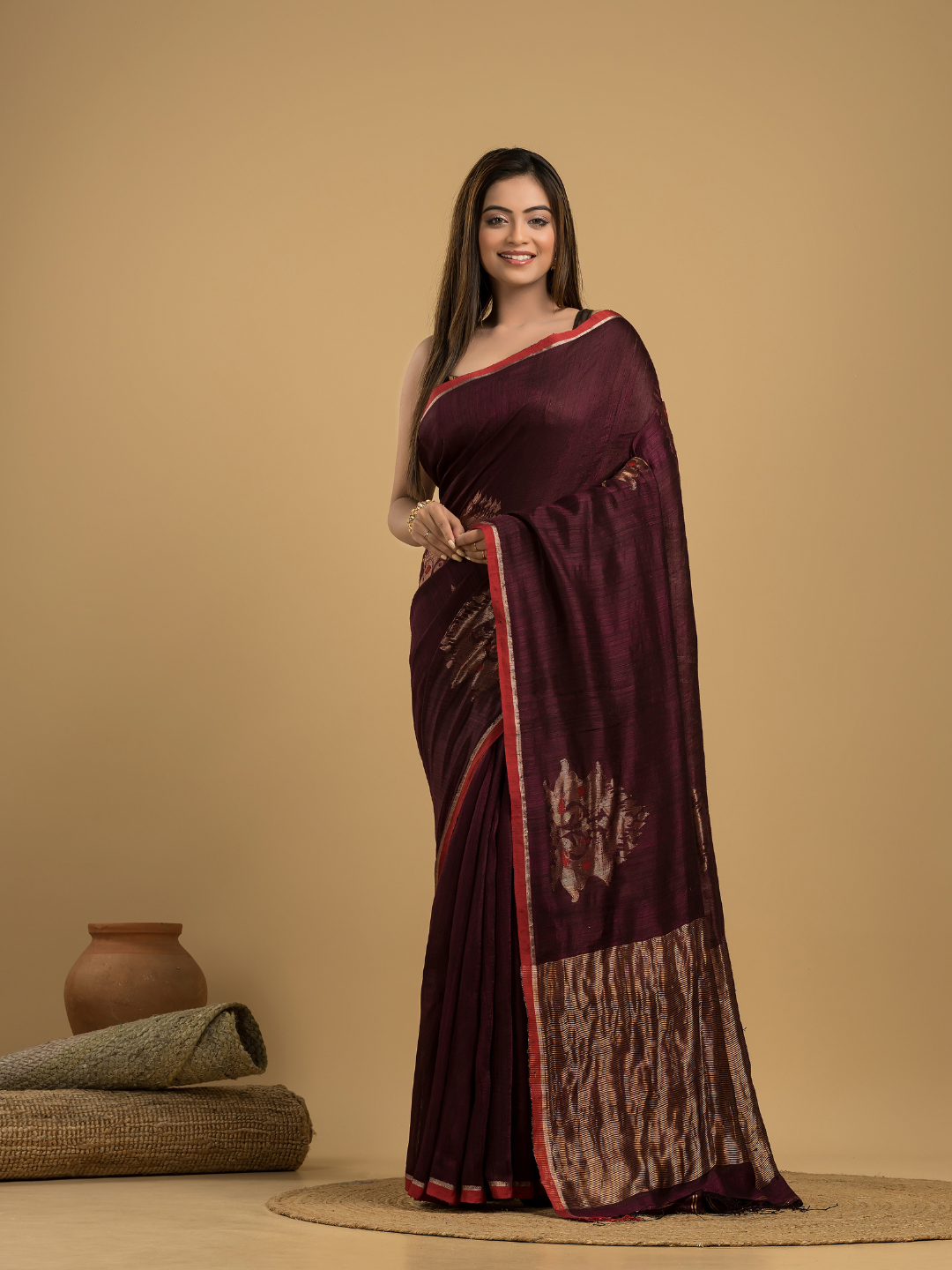 Wine Red Matka SilkJamdani Saree - 040