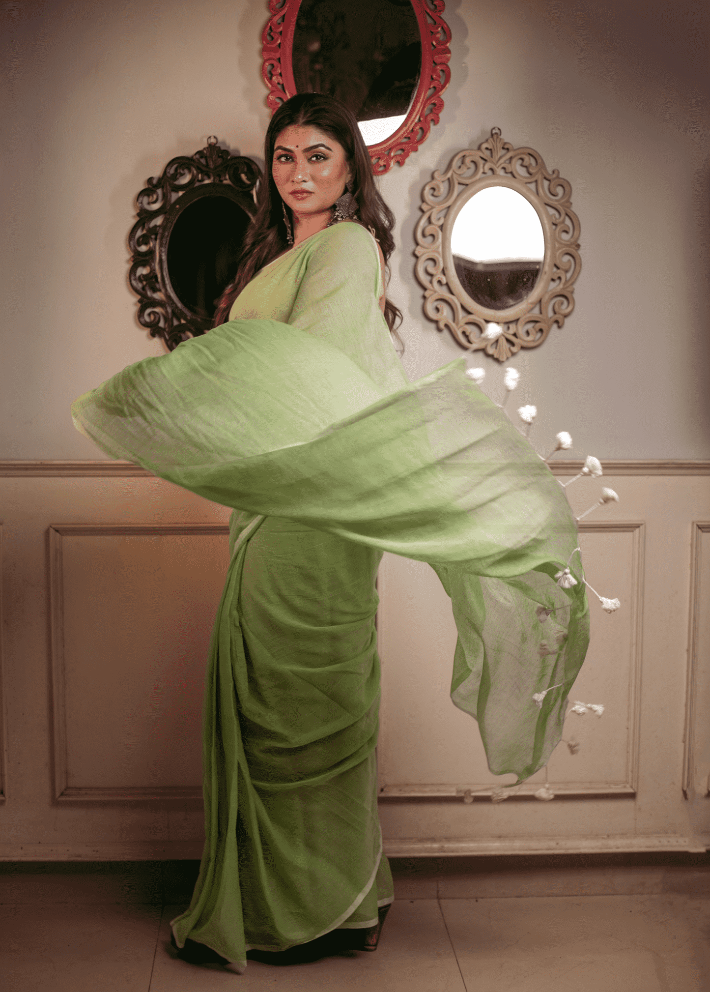 Lime Green Mul Mul Cotton Saree - 024