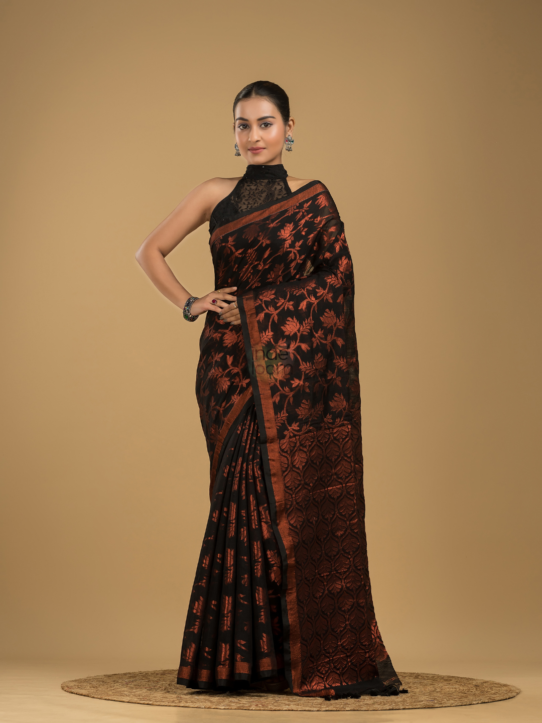 Ink Black Linen X Silk  Jamdani Saree  - 005