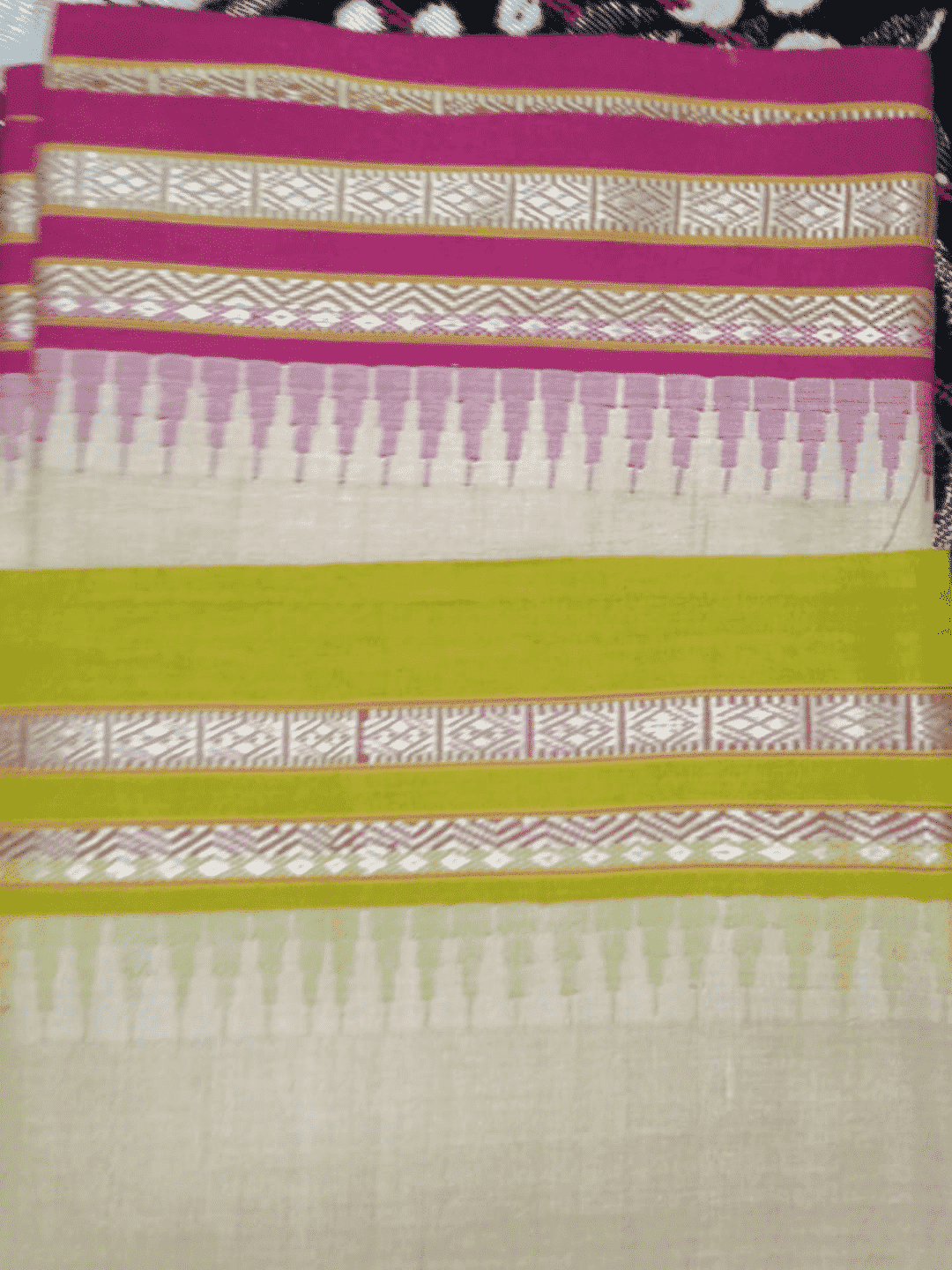 Beige & Pink Green, Handloom Vidarbha Tussar Silk Saree with Multicolor Contrast Border-013 - indeloom