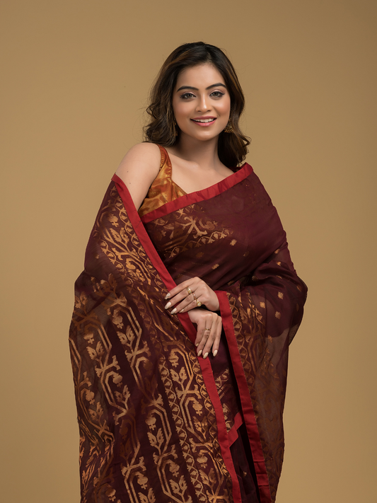 Jamdani Saree With Red Brown - 005