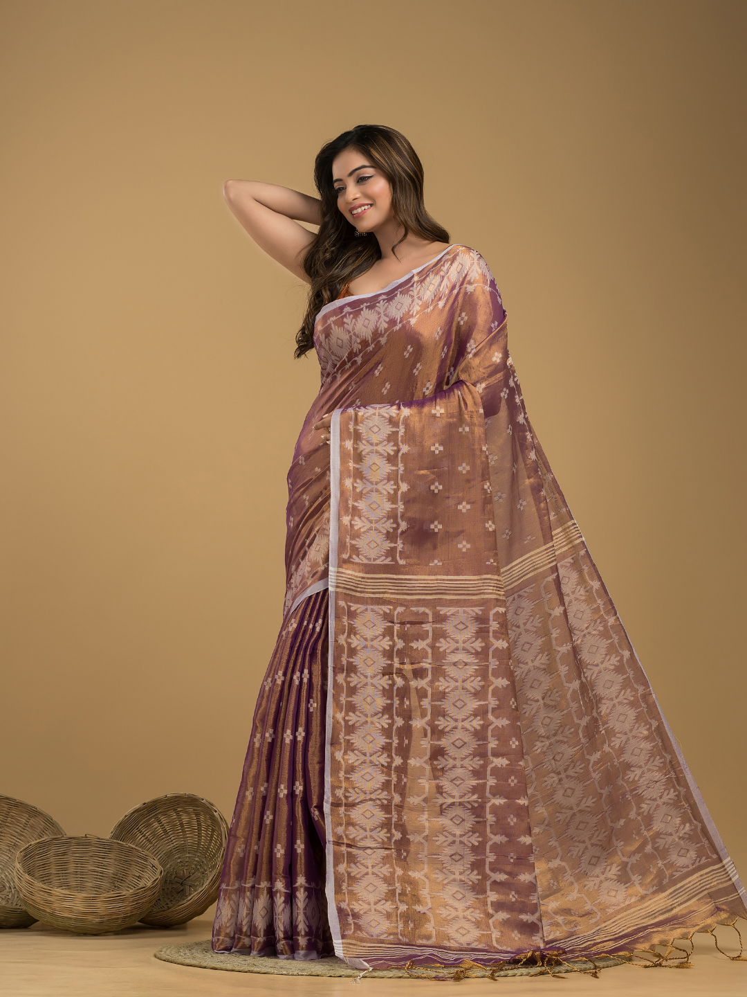 Crepe Pink Tissue Silk Jamdani Saree - 025