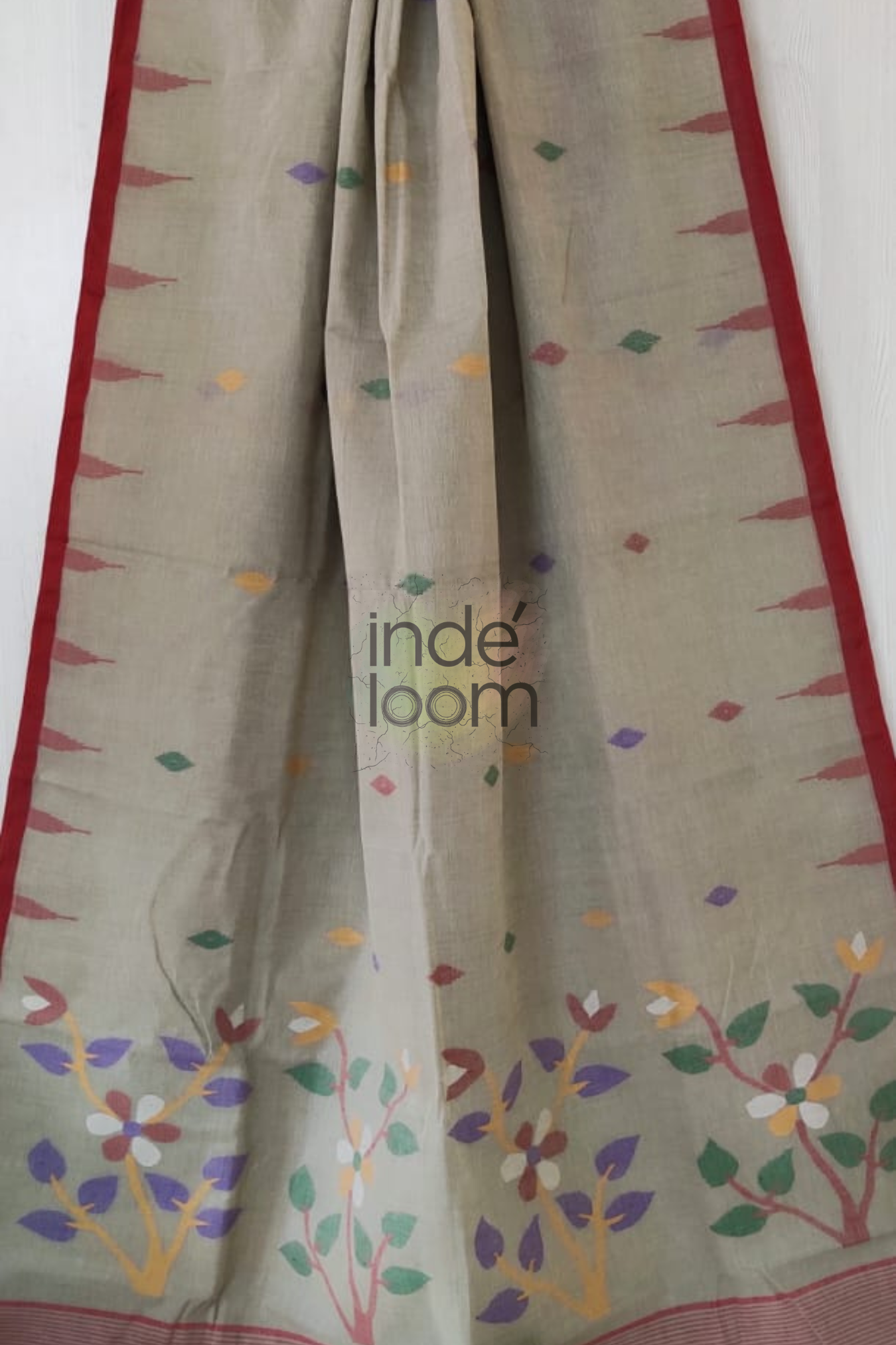 Floral Pastel Gray Bengal Pure Cotton Jamdani Saree-014