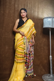 Handloom Linen Checks Saree with Mango Yellow-004