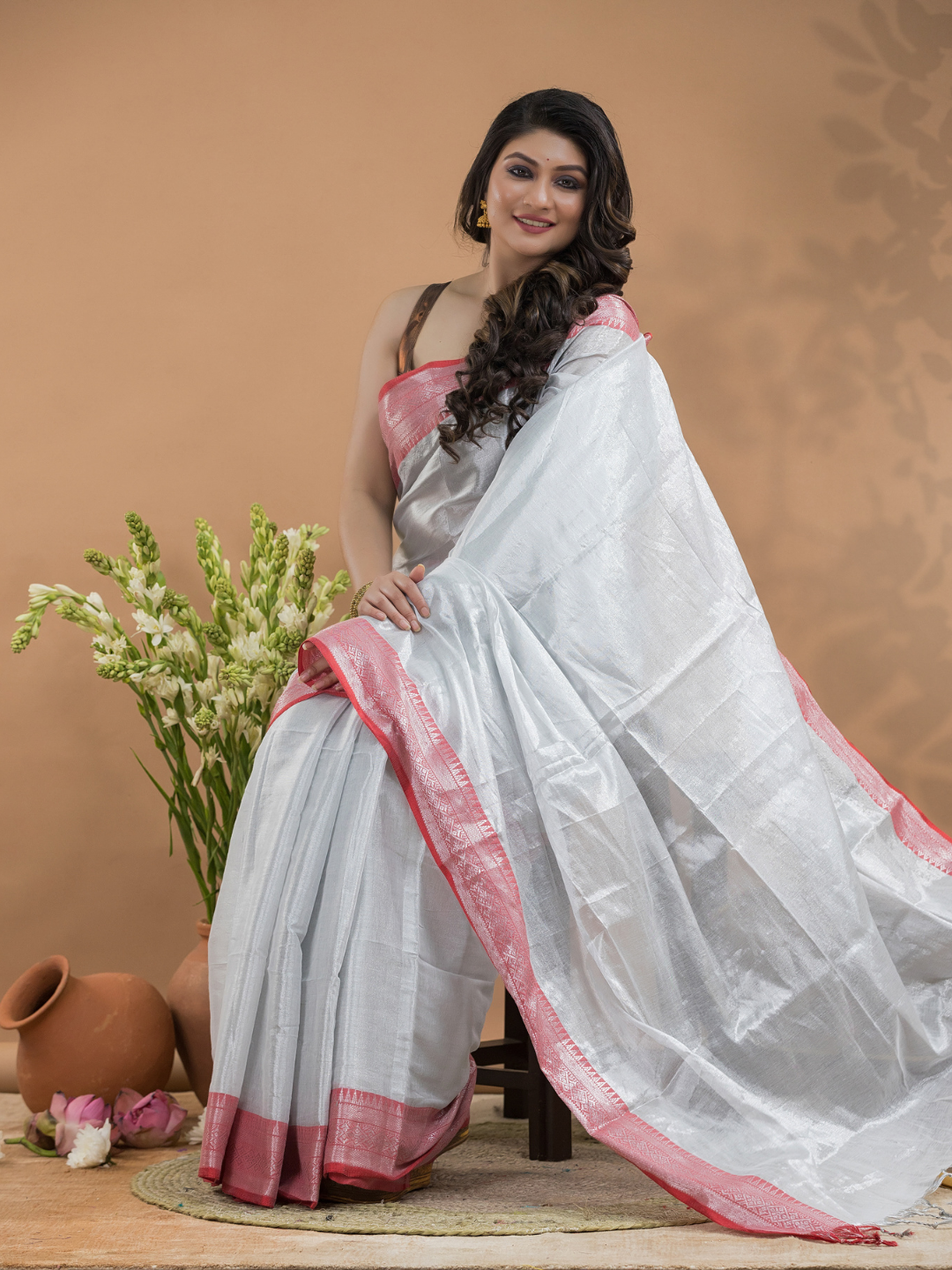 Bone White  Tissue Silk Saree-033