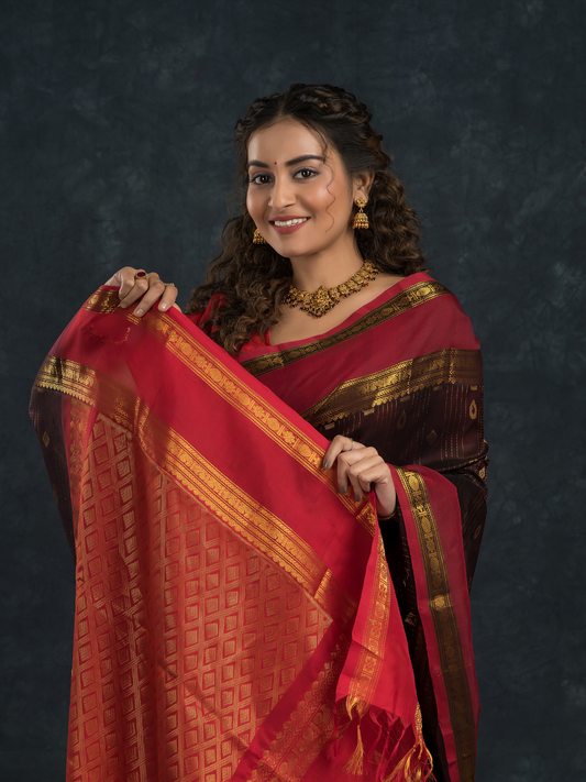 Korvai Saree Coal Black Red Border - 159