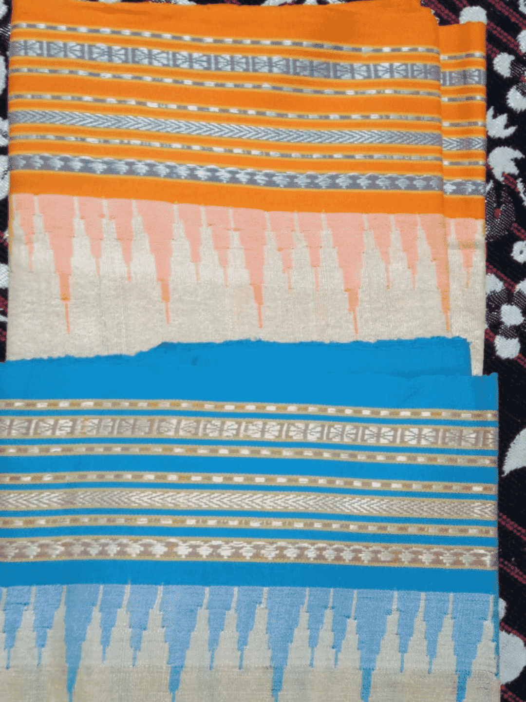 Beige & Orange Blue, Handloom Vidarbha Tussar Silk Saree with Multicolor Contrast Border-014 - indeloom