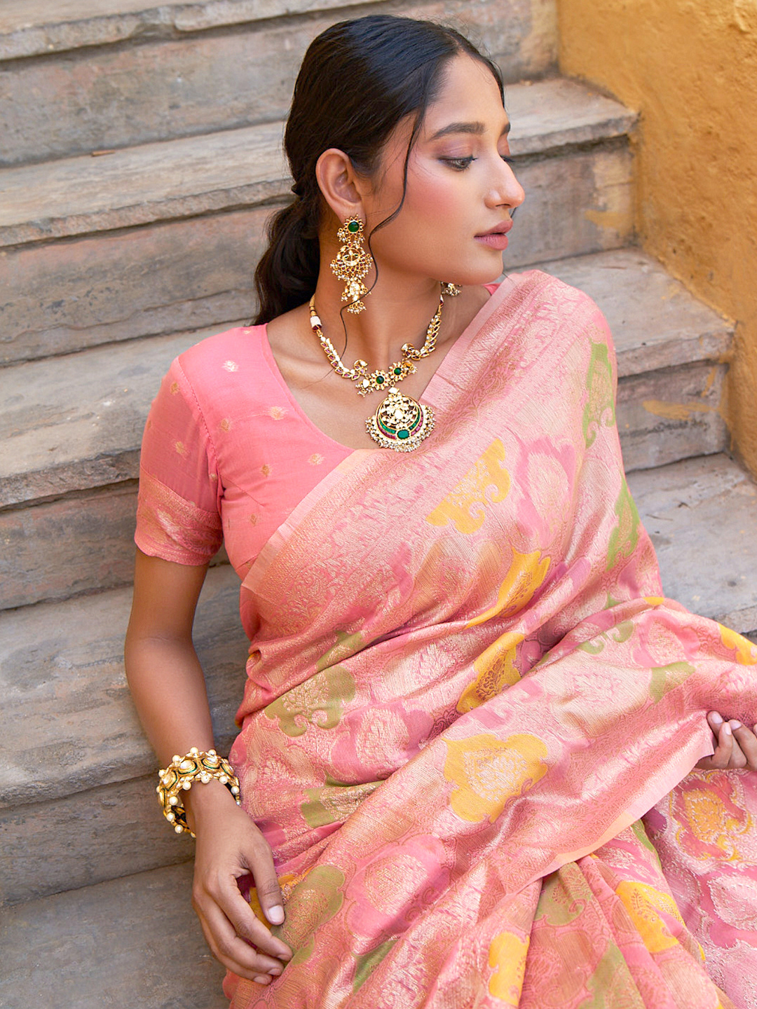 Chanderi Silk Ethnic Motifs Saree In Rose Pink (Precision Looms) - 002